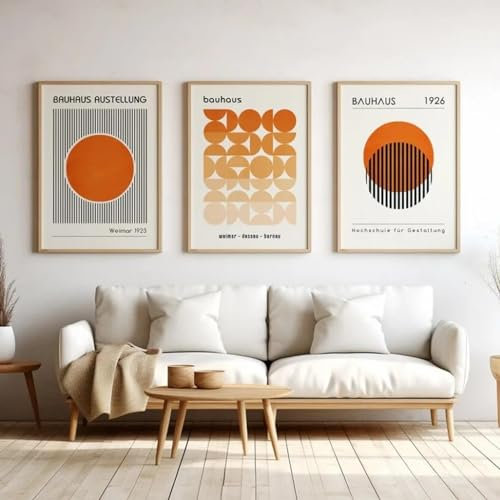 KemneT Orange Bauhaus-Ausstellung geometrisches Wandkunst-Poster Kunstdruck minimalistisches abstraktes Leinwandgemälde Wandbild Wohnzimmer Heimdekoration 50 x 70 cm x 3 ungerahmt