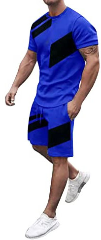 Herren Trainingsanzug Sommer Sportanzug 2-Teiliges Sport Set Kurzarm T-Shirts Kurze Hose Sets Freizeitanzug Männer Bequme Baggy Elastische Taille Shorts Tshirt Sportlich Jogginganzug (Blue #2, XXXXL)