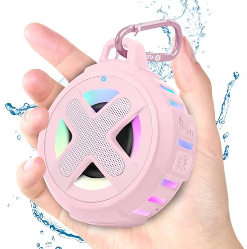 Xleader Pink Mini Bluetooth Speaker, Certified IPX7 Waterproof Shower Pool Floating Speaker with Lights, Clip,Mic, Crystal Sound&Bass, 2000mAh, for Beach Kayak Travel, for Teen Girl Women