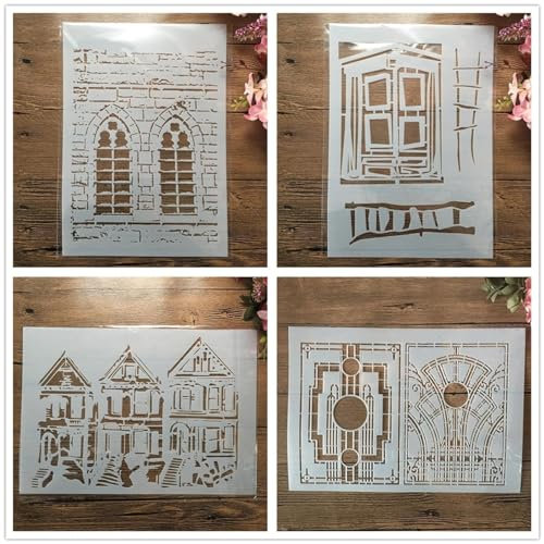 JIAPAILAIYUN Schablonen zum Malen, 4 Stück, A4, 29 cm, Hausbau, Fenster, wiederverwendbar, Zeichnen, Bastelschablone zum Malen auf Holz, Stein, Wand, Fliesen, Möbel, Leinwand, Tagebuch