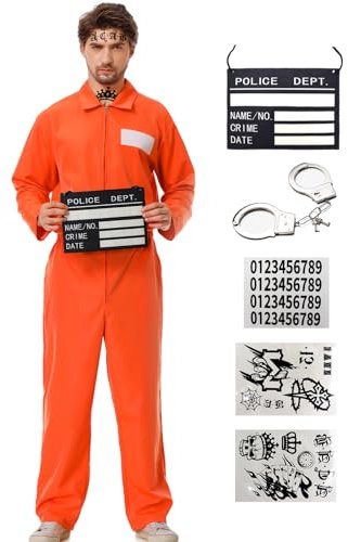 Ragelion Sträfling Kostüm Herren,Prisoner Overall Kostüm Orange Gefangener Kostüm für Erwachsene Damen Halloween