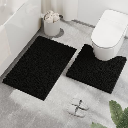 RUN HELIX Non Slip Chenille Bathroom Mat Sets 2 Piece, Versatile Soft Bathroom Mat with U-Shaped Toilet Rug, Machine Washable Absorbent Bath Mats for Bathroom, Indoor Scenes, 50x80&50x50cm, Black