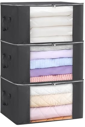 Pack de Tres Cajas de Almacenamiento Plegables, con Ventana Transparente, Set de 3 Cestas con 2 Asas, Bolsa con Tapa con Cremallera para Ropa, Cofre Organizador de Tela no Tejida, Dormitorio, 90L