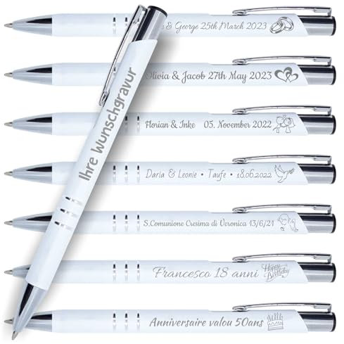 DECORS concept - 50x Kugelschreiber mit Gravur, Personalisierte Metall Kugelschreiber, Ideal als Gastgeschenke Hochzeit, Kommunionen, Geburtstage, oder als Werbegeschenke für Firmen (Weiß)