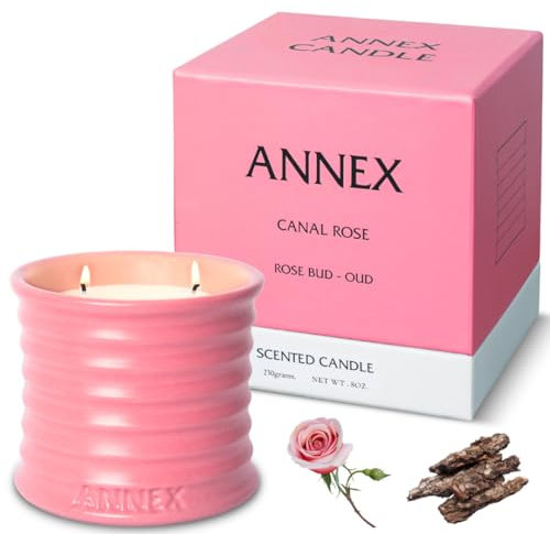 Annex Rose & Oud Luxury Scented Candle - 8oz Handmade Pink Ceramic Jar Candle - 50hr Clean Burn, 100% Non-Toxic Soy Wax, Aesthetic Home Decor Winter Gift for Men & Women - Luxury Floral Notes
