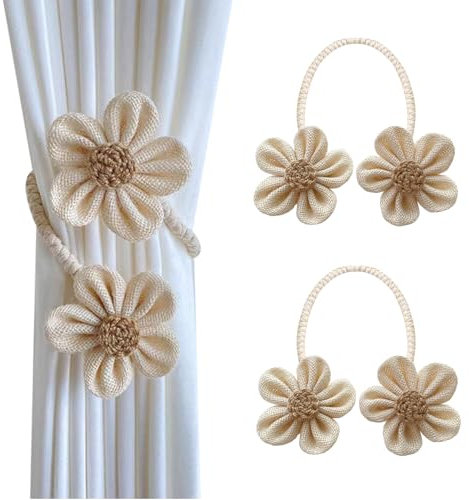 BSITSSS 2 Piezas Alzapaños Cortinas, Moda Recoge Cortinas, Ajustable Sujeta Cortinas, Abrazaderas Cortinas con Flores, Soporte Decorativo para Cortinas para Dormitorio Salón y Oficina (Beige)