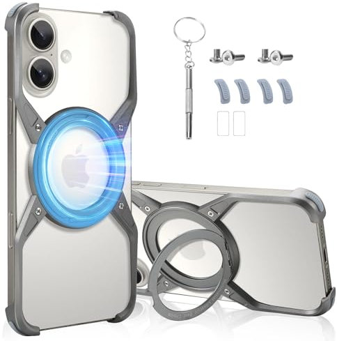 UZEUZA Frameless Metall Magnetische Hülle mit Ständer für iPhone 16, Compatible with MagSafe, Handyhülle Aluminum Minimalismus Kameraschutz,Ultra Dünn Slim Bumper Stoßfeste Case,Titan Natur