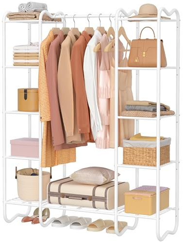 FAVOOSTY Offener Kleiderschrank, Kleiderständer Stabil, Garderobenständer mit Beide Seiten 5 Ablagen, Metallrahmen, für Schlafzimmer, Wohnzimmer, 125.90 × 39.00 × 160.00 cm Weiß