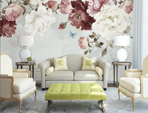 Fototapete 3D Effekt Handgemalte Vintage Rote Pfingstrose Rose Blume 250x175cm Fototapete Schlafzimmer Wohnzimmer Kinderzimmer Wanddeko, Wandbild, Wandtapete
