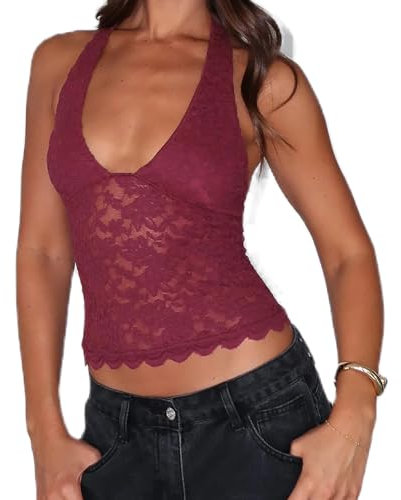 Womens Y2K Floral Lace Crop Tops Sexy V-Neck Backless Tank Tops Basic Tshirts Summer Going Out Tops Club Streetwear (A Purple Red, S)