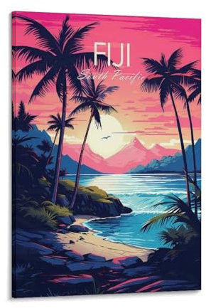 Fidschi-Poster, Südsee, Reisekunst, Fidschi in Rosa und Blau, Reiseposter, individuelle Reisekunst, perfekt für einzigartiges Geschenk, Leinwandposter, Schlafzimmer, Dekoration, Landschaft, Büro,