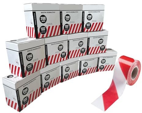 eacommerce - Nastro Segnaletico PVC | 200 Metri x 7 cm | In Scatola con Dispenser Integrato | Strisce Bianche e Rosse | Ideale per Delimitazioni e Aree Sensibili | Confezione da 12 Pezzi