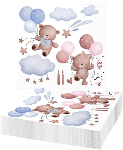 40 Stück Servietten Geburtstag, Baby Bär Servietten Babyparty, 33x33 cm servietten blau, für Tischdeko Geburtstag Themenparty Mann Frau 1. geburtstag mädchen Deko party