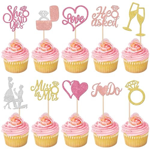Cupcake-Aufsätze mit Aufschrift He Asked She Said Yes, Miss to Mrs I Do Love, Herz-Ring, Cupcake-Picks, Hochzeit, Verlobung, Brautparty, Partyzubehör, bunt, 30 Stück