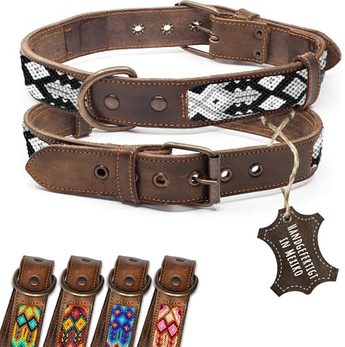 ALTEZAR Lederhalsband Hund - Doppelt Tribal Bestickt Schwarz/Weiß Braun - Hochwertig verarbeitetes Hundehalsband Leder - Handgemacht in Mexiko - Größe L Halsband Hund für große Hunde Leder breit