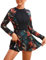 FYMNSI Rash Guard Long Sleeve Swim Dresses for Women UK Ladies Swimming Costume Modest Swimsuit Printed Swimdress with Shorts Zipper Padded Bathing Suit Skirted Swimwear Beachwear Red Leaf S