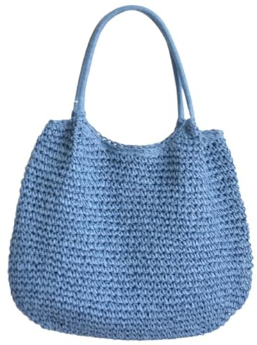 Ldabrye Sacs à main pour femme en paille tressée, sac à main de grande capacité, sac à bandoulière tissé tendance, couleur unie, sac pour la plage, bleu, 50*2*34cm