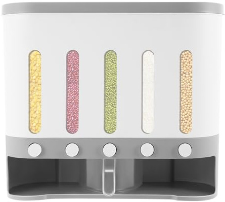 Wall-Mounted Grain Dispenser Grain Bin 5-Compartment Wall-Mounted Grain Bin Multipurpose Kitchen Organiser for Rice, Pet Food & Spices with Measuring Jug