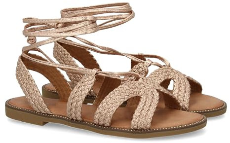 shoes&blues.es 93655 Sandalias Planas para Mujer, comodas y Elegantes, Diseno Moderno con Cordones Atados al Tobillo, Ideales para Primavera-Verano. Champan Talla 36