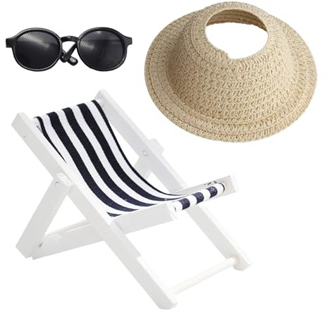Zubehör-Set für 17 cm große Puppe, Miniatur-Sonnenhut, Sonnenbrille, Holz-Klapp-Strandstühle, kompatibel mit Labubu-Puppen, 15 cm/17 cm, keine Puppe (C#1)
