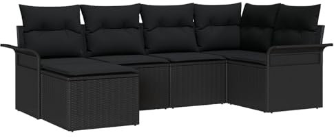 vidaXL 6-teiliges Garten-Sofaset mit Kissen in Schwarz aus Poly Rattan – Outdoor-Möbel Sitzgruppe für die Terrasse und den Patio, modulare Couch, wetterfest.