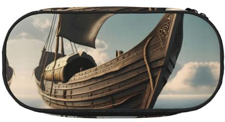 HUIopq Federmäppchen mit altem Wikinger-Boot-Druck, großes Fassungsvermögen, vielseitiges Federmäppchen, Schule, Büro, Make-up, Reisezubehör, Schwarz , Einheitsgröße, Taschen-Organizer