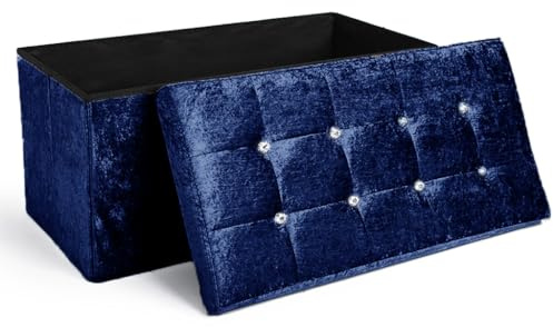 Home Republic Crushed Velvet Ottoman Storage Box – Foldable Cube Ottoman with Lid – Multipurpose Toy Chest, Foot Rest, Bench Seat & Nursery Storage Solution (Navy, 76W)