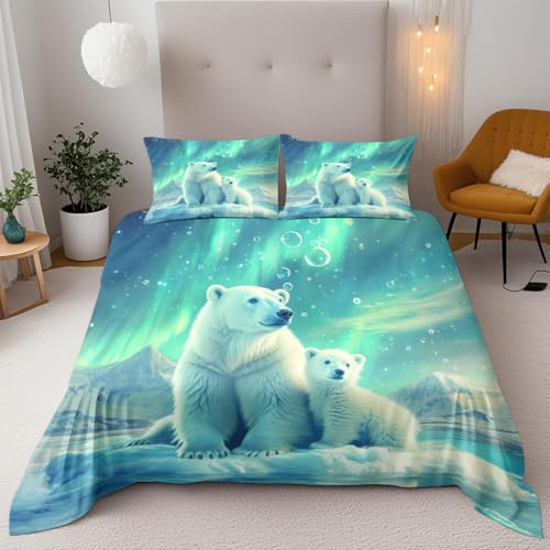 Generisch Eisbär Und Nordlichter Bettwäsche 135X200Cm 3D Gedruckte Bettwäsche Set Kinder Bettbezug 3Teilig Microfaser Mit Reißverschluss 2 Kissenbezug 80×80 cm Für Jugendliche Junge Mädchen
