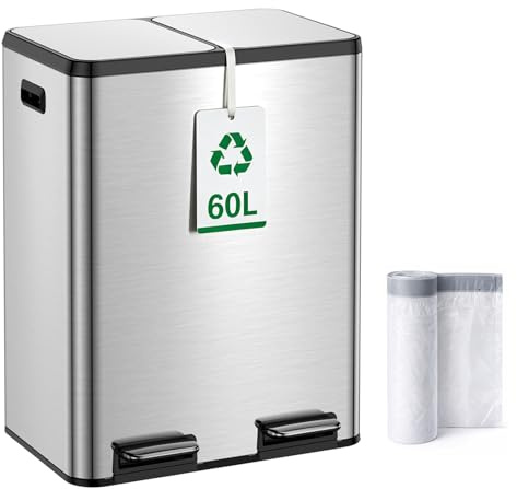 YEAUPE PRO Mülleimer Küche 60L (2x30L) 2 Fächer Edelstahl Mülltrennsystem | Doppel Treteimer mit Soft Close Deckel, Fingerabdruckfest, Herausnehmbare Inneneimer, Geruchsdicht, inkl. 15 Müllbeutel