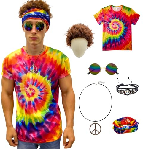 Hippie-Kostüm Herren und Damen Set, 60er 70er 80er jahre outfit Herren 6tgl Faschingskostüm Hippie, Batik Shirt , Perücke Brille Peace Halskette Stirnband Friedensarmband, für Motto Party, Halloween