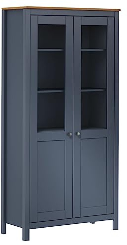 Ordellia Graues Highboard Hill aus massivem Kiefernholz, 85x37x170,5 cm, mit Glastüren, Vitrine für Wohnzimmer, Esszimmer und Küche, ideal zur Aufbewahrung von Geschirr und Büchern