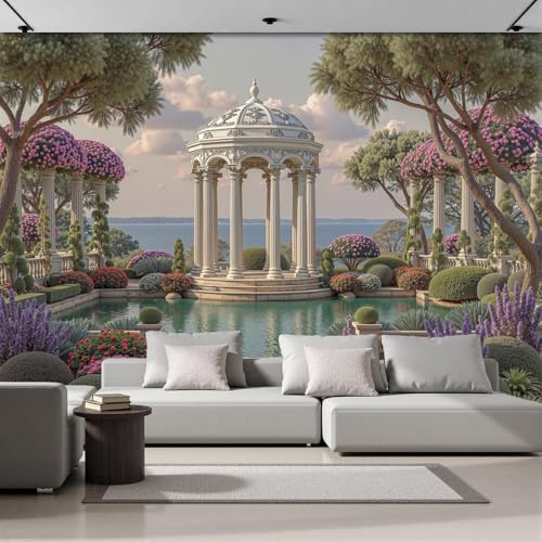 Murales 3D De Seda, Pintado Panorámico Jardín Griego Antiguo Mural Para Artística, Papel Tapiz Fotomurales Estanque Cenador Decoración Póster De Pared Salón Dormitorio, 250 x 175cm