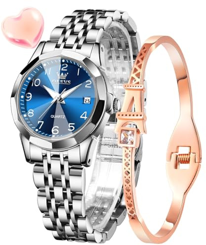 OLEVS Damenuhr Diamant Analog Quarz Uhren Damen Edelstahl Wasserdicht Leuchtend Modisch Elegantes Kleid Armbanduhr Armreif Geschenk Set