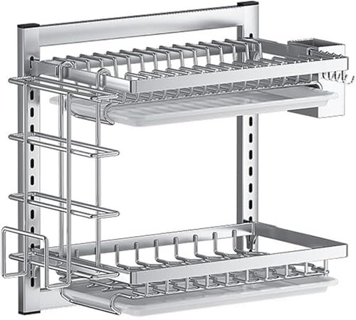 Genérico Escurridor De Platos De Acero Inoxidable Montado En La Pared, 3 Niveles Ajustables con Ganchos Y Soporte para Cubiertos(Size:2 Layer)