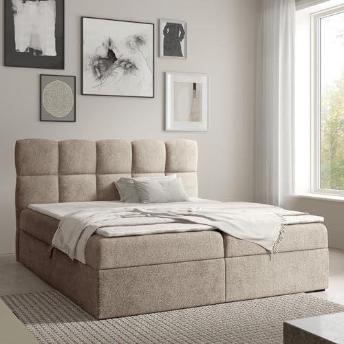Home Collective Boxspringbett Polsterbett Doppelbett Bett mit Stauraum viele Größen & Farben | Topper inklusive | modernes Design mit Kassettensteppung Schlafzimmer Jugendzimmer | Beige 200x200 cm