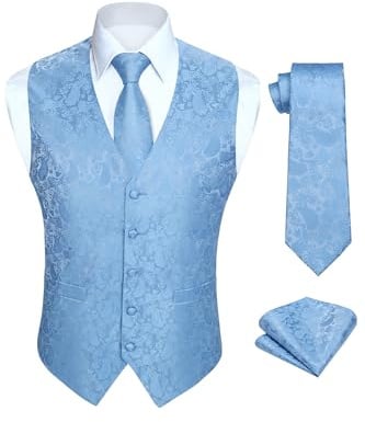 HISDERN Chaleco y corbata de jacquard floral paisley clasico para hombre y traje de chaleco cuadrado de bolsillo
