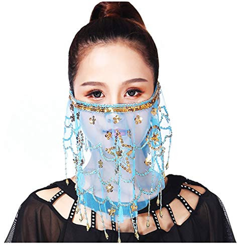Lauthen.S Gesichtsschleier mit Pailletten Perlen Tribal Bauchtanz Halloween Zubehör - Blau - Einheitsgröße