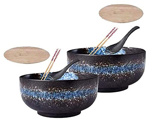 JUNYFFF 2 Sätze (6 Stück) 1500 Ml Keramik Ramen-Schüssel, Große Tiefe Innere Schalen, Mit Deckel Löffel Stäbchen, Japanische Nudelsuppenschüssel, Ramen, Pho, Nudelsuppe, Udon, Donburi