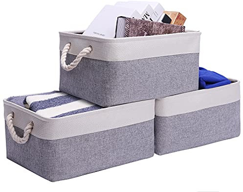 Large Grey White Storage Baskets, Canvas Storage Box for Wardrobe, Set of 3 Foldable Fabric Storage Boxes, Clothes Wardrobe Storage Baskets for Shelves (grey white, 41x31x21cm)