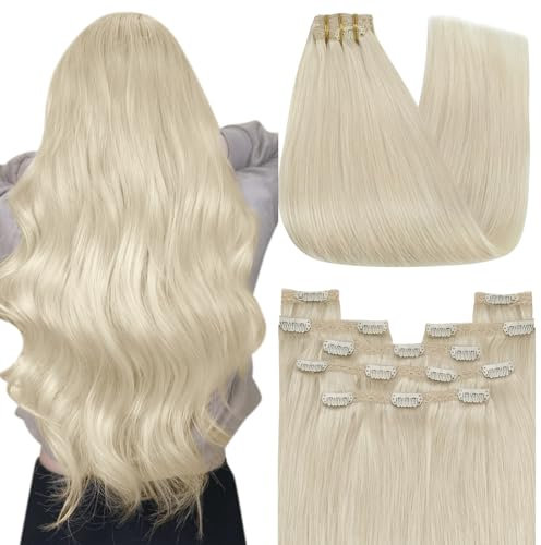 YoungSee Clip in Extensions Platinblond 7 Stück 80g Echthaar Extensions Clip Kurz Platinblond Hair Extensions Clips-in Remy Extensions Echthaar Clips Glatt 30 CM #60A