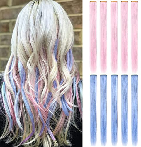 12 pcs 21 Zoll Farbige Haarverlängerungen Clip in Perückenteile für Mädchen,Bunte Haarteile Hitzebeständige Gerade Party Highlight Multicolors Haarschmuck für Frauen (Hellrosa Hellblau)