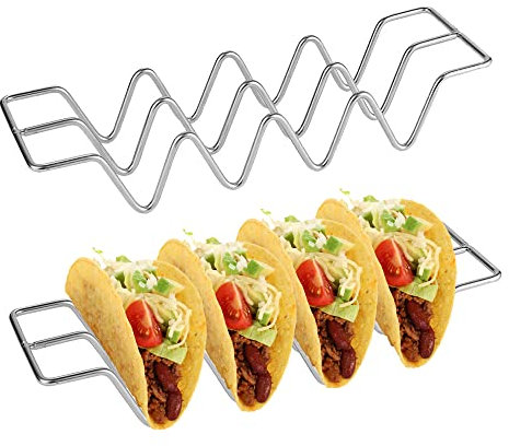 YANJINGHE 2 Piezas Bandeja de Tacos, Soporte para Tortillas de Acero Inoxidable, Estantes Tortillas, Tacos Mexicanos, con Asas, puede Contener 3 o 4 Tacos, para Restaurante, Hogar, Fiesta (Plateado)