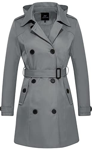 FARVALUE Wasserdichter Trenchcoat für Damen, zweireihig, Windbreaker, klassischer Gürtel, Revers mit abnehmbarer Kapuze, GRAU, S
