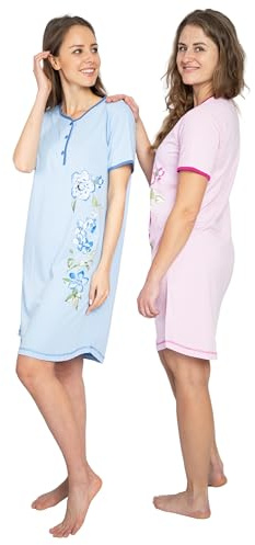 Consult-Tex Damen Nachthemd Kurzarm 2er Pack mit Knopfleiste, Baumwolle-Jersey Nachtwäsche, Schlafhemd, Sleepshirt, Schlafkleid (blau/Rose, 36/38)