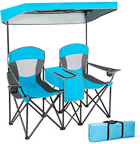 COSTWAY Double Folding Camping Chair with Canopy, Outdoor Portable Loveseat with Armrests, Cup Holder and Carrying Bag, Garden Patio Fishing Seaside Beach Picnic Chairs (no Roll-up Shade, Blue)