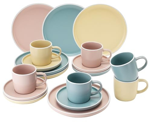 Van Well Lina 18tlg. Kaffeeservice I 6 Personen I Mint Gelb Rosa I Rund I Geschirr-Set aus Steingut I Je 6x Kaffeetasse 200ml, Untertasse & Kuchenteller I Steingut I Kaffee-Geschirr
