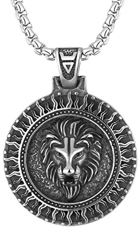 OIDEA Herren Halskette Löwenkopf Wikinger: Kette aus Edelstahl Gotik Silber Weizenkette Kreis Anhänger Biker Punk Löwe Nordisch Viking Schmuck Geschenk für Männer Jungs