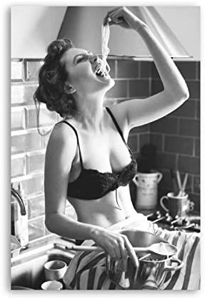 Shenywell Bilder Wohnzimmer Modern Pasta Love Poster Schwarz-Weiß-Poster Frau, die Spaghetti isst Leinwand Posterch 30x40cm Kein Rahmen