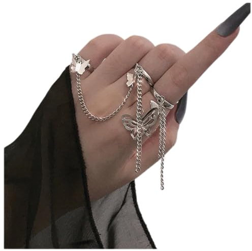 Cimenexe Bohemian Schmetterling Quaste Kette Fingerringe Silber Hohl Schmetterling Knöchelring Schmetterlingskette Baumelnde Fingerringe Verstellbare Offene Ringe Vintage Statement Ring Schmuck