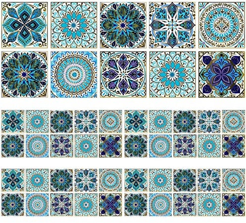 Hwtcjx 50 Stück Fliesenaufkleber 15x15cm, Fliesenfolie Selbstklebend, Deko Klebefliesen, Selbstklebende Fliesen, Wasserdicht Mosaik Bodenaufkleber Wandfliese Aufkleber für Bad, Küche (Blau)